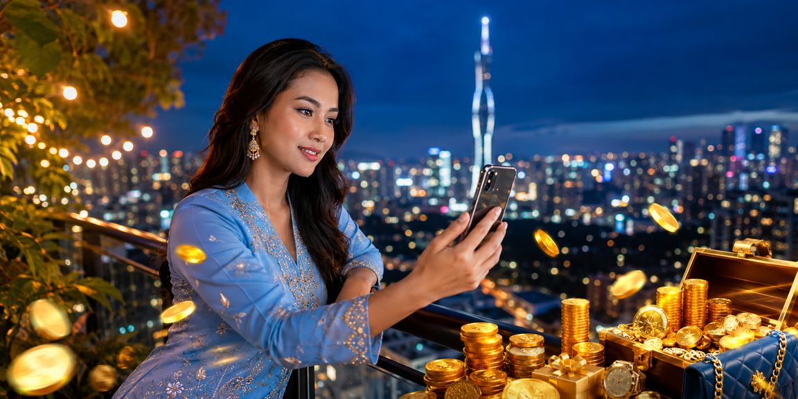 Wanita berbaju kurung di Kuala Lumpur bermain taruhan sukan dalam talian menggunakan telefon